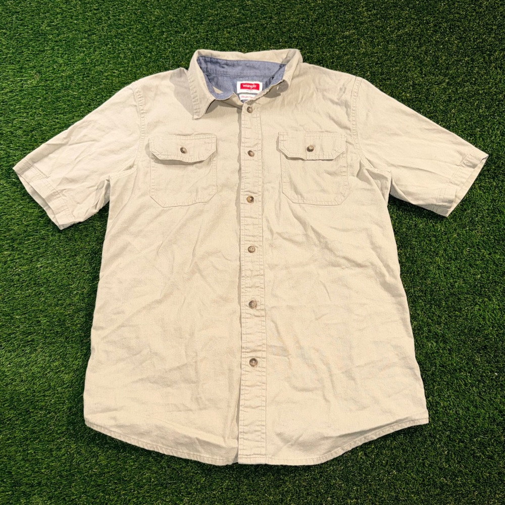 Wrangler Mens Flex for Comfort Short Sleeve Button Down Shirt Khaki Small